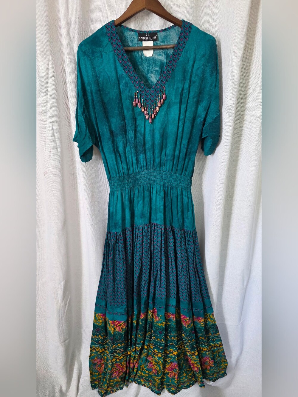 VTG 90s Carole Little Teal Rayon Midi Dress Beaded V-Neck Tiered Border Print 6